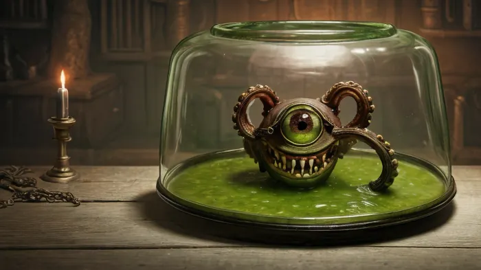 In a dimly lit dungeon, a giant beholder with a monocle over its eye and tentacles reaching out of the case is filled with green liquid. The creature's teeth are sharp and glistening in the light, as it moves
