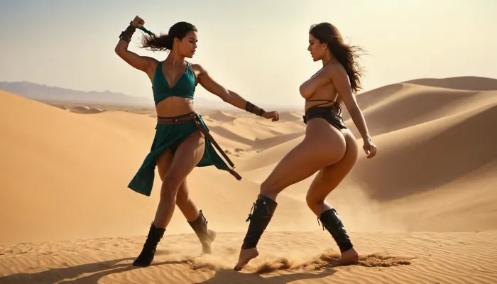 दो महिलाएं, एक निंजा संगठन और दूसरे के साथ एक उत्कृष्ट कलाकार के संगठन में, रेगिस्तान में लड़ रहे थे। वे दोनों अपनी लड़ाई पर ध्यान केंद्रित थे, जिसमें किक और घूंसे फेंकने और अवरुद्ध होने के साथ। उनका गहन ध्यान तीव्र था, क्योंकि