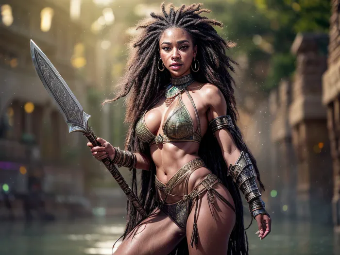 A fiercely proud african barbarian girl stands, standing in water, her presence exuding unwavering strength. hold a battle axe on her hand. Her black braids cascade down her back, framing a face marked by determination and resilience. This stunning portrait captures her piercing red eyes, reflecting the landscapes of her desertic homeland. The intricate details of her embroidered barbarian full armor of her warrior spirit. emerald green eyes, This high-quality painting seamlessly combines power and grace, drawing the viewer into the captivating story of a fierce african barbarian warrior princess. body manipulations, divine proportion, non-douche smile, gaze into the camera, holographic shimmer, whimsical lighting, enchanted ambiance, soft textures, imaginative artwork, ethereal glow, silent Luminescence, whispering Silent, iridescent Encounter, vibrant background, full body, (((rule of thirds))), high quality, high detail, high resolution, (bokeh:2), backlight, (long exposure:2), <lora:more_details:1.2>, <lora:detail_slider_v4:1.7>