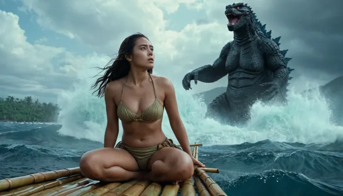 L'epica scena del film è stata un'esposizione mozzafiato del potere e della bellezza della natura. Una bella ragazza polinesiana su una zattera di bambù in mare, circondata da verde lussureggiante e palme tortuose. Improvvisamente, un'onda massiccia si è schiantata da