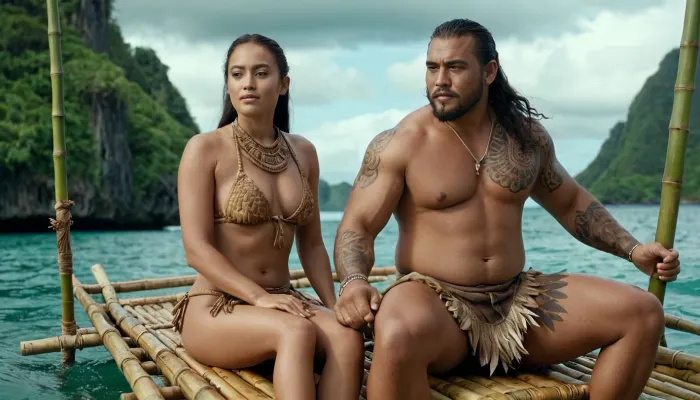 Das polynesische Mädchen und der große starke tätowierte polynesische Mann segelten auf einem Bambus-Raft auf See. Sie waren glücklich und genießen die schöne Landschaft um sie, als sie plötzlich entdeckten sie ein Huhn, das über das Wasser zu ihnen gelaufen. Die