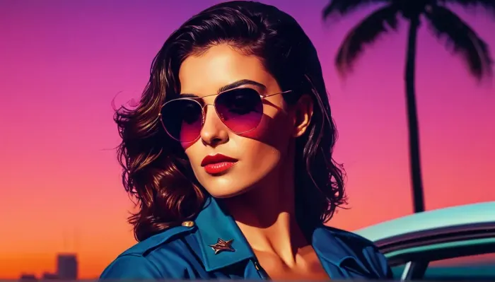 Le portrait d'art numérique de la belle policière portant des lunettes de soleil et une silhouette minimaliste à contraste élevé avec Synthwave Sunset Color Palette est une pièce d'art étonnante