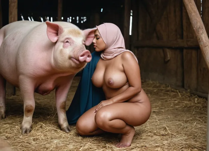 The curvy Indonesian woman in hijab was kissing a big pig in a barn, and her naked beauty was on full display