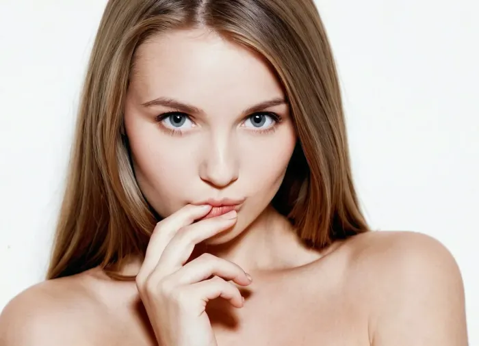 Ein schönes und symmetrisches AI-Modell, mit perfekter Haut und Augen, erzeugte Pornobilder von sich selbst. Sie steckte ihre ganze Hand in ihren Mund, als wäre sie ein echter Mensch