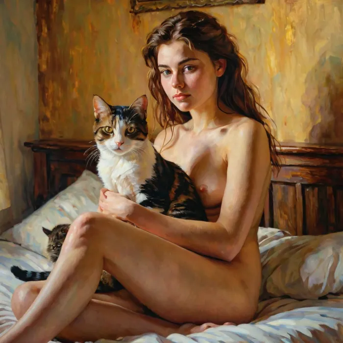 La donna dipinse una foto di una donna di 19 anni seduta nuda sul suo letto, coccolando con un gatto. Il dipinto era vibrante e pieno di vita, catturando l'essenza della gioventù e dell'innocenza