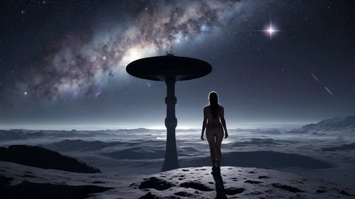 The highhest photo quality, all details are very sharp and legible, A naked beautiful girl walks on the moon, Millions of stars and planets visible, Detailed craters structure of the moon visible, Alien ships can be seen in the frame, and their space bases, Visible Milky Way and amazing colors of the universe, Very wide frame, Falling comets visible, A huge spaceship hangs above the woman, illuminated by a stong spotlight beam
