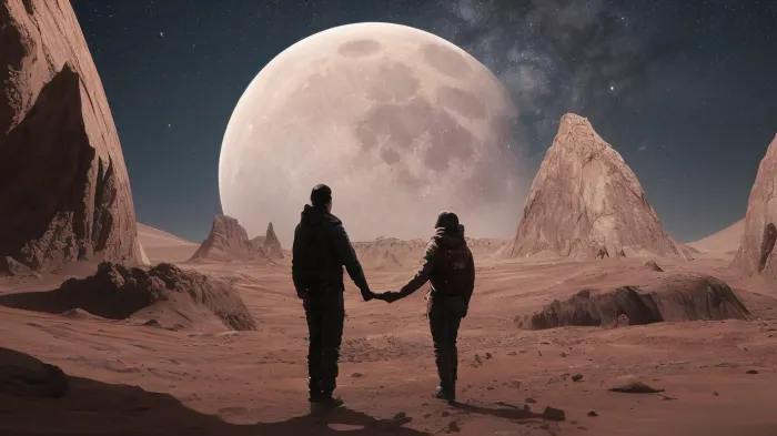 8K RAW, UHD, 3 D PHOTO, A mother and her very small, young boy are holding hands, in the distance you can see a man, they are standing on the red planet Mars, above their heads you can see a huge, beautifully shining moon with lots of details, A magical, unearthly view