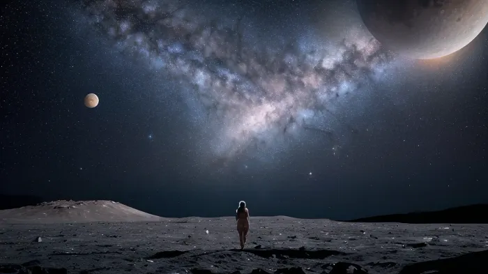 A naked beautiful girl walks on the moon, Millions of stars and planets visible, Detailed craters structure of the moon visible, Alien ships can be seen in the frame, and their space bases, Visible Milky Way and amazing colors of the universe, Very wide frame, Falling comets visible