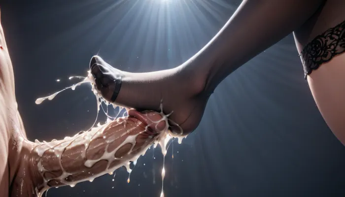 男的阴茎在女的脚前,她忍不住盯着看. 光线很完美,男的老二看起来很现实. 她无法相信它看起来有多真实 这是