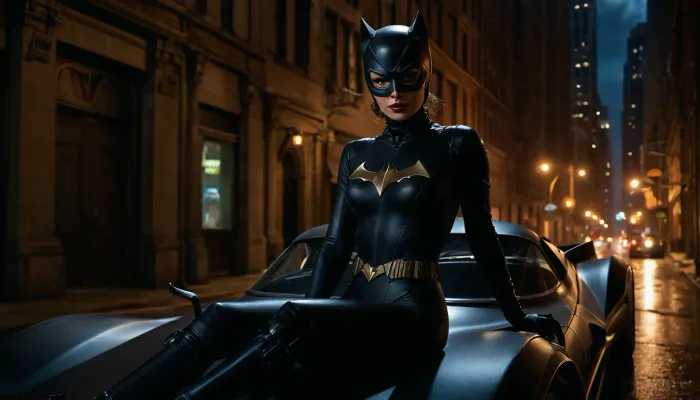 La scène est située dans l'allée de Gotham City, avec une Batmobile garée au bord d'un véhicule blindé noir tranchant. Le catsuit noir élégant et les lunettes emblématiques créent une image badass qui reflète le misc de Catwoman