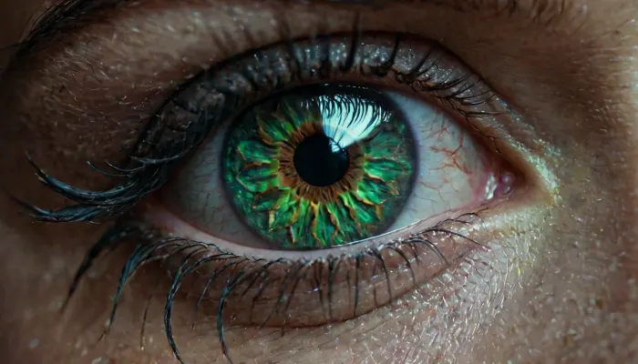 High quality, woman's green eye area, a narrow pupils, detailed iris, double eyelids, double eyelids covering the eye, detailed rough dragon scales with spikes around the eye, metallic iridescent scales around, eye on all photos, 4k, focus, an epic cinematic photo, depth of field