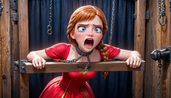 A beautiful Anna, (frozen), in red dress is chained to the pillory. Fuck mouth horse dildo, screaming, tears, pain, dildo deepthroat, torture wall