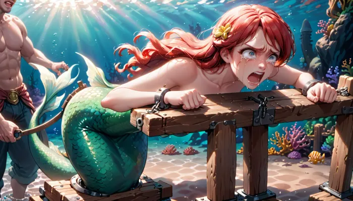 The mermaid was chained to the pillory, her beautiful body exposed for all to see. She cried out in pain as the whip struck her skin, leaving red welts in its wake. Her tears flowed freely as she begged for mercy