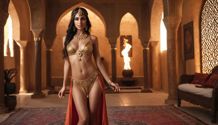 Dans le harem du sultan, une commotion surgit comme à moitié nue et nue de belles femmes arabes sexy minces dansent autour de la pièce. L'art égyptien est également présent dans la scène