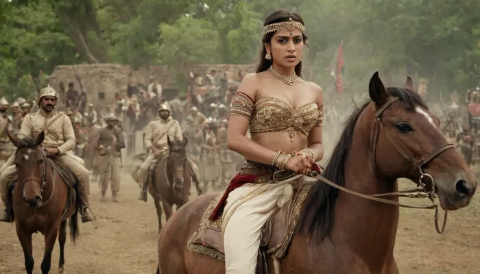 Rani Lakshmai Bai, una donna inglese del XIX secolo, guidò un esercito di soldati inglesi del XIX secolo in una battaglia contro gli inglesi. Indossava un vestito sexy che mostrava il suo midriff e la sua scollatura profonda, con i suoi vestiti