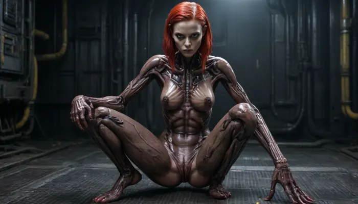 A menina alienígena estava nua e coberta de óleo, seu cabelo vermelho longo fluindo pelas costas. Ela tinha um corpo Android cyberpunk com braços e pernas cheias, e ela estava agachando em todos os quatro com seus cotovelos dobrados. A rata dela era