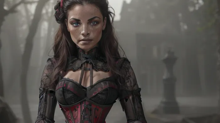 (Photo-CANON 35mm-F/1.4-ISO400), (Photography), (hi-resolution), (hyperrealistic:1.8), (HDR), (8K, (Highly detailed, 1.4), , , standing, full body:1.4), side view, (fokus on the face), ((1 vampire woman), extremely beautiful Vampire woman), (hair, (long ebony locks), (black with red undertone)), (skin-, (pale:1.6), smooth, unblemished, freckles across the nose), (face-, (chiseled, high cheekbones, lush lips, fine-boned nose, azure eyes:1.2), (body-, (little, muscular, slim), (dress-, (lacy red and black corset:1.6), black trousers, tight-high boots))), (scene, (night:1.6), moon, forest, lake, castle, fog:1.1), (mist:1.1), (lighting, (night:1.1), low light:1), blue color, (rays of light shining trough fog:1.2), strong shadows, directional light, silhouette, (highly detailed face:1.3), (realistic eyes:1.5), (Simetric eyes), (detailed eyes:1.4), (detailed nose), (detailed lips), (detailed teeth), (perfectly detailed face:1.3), light shiningon body, (lightshiningon the side of the face:1.3), (distinguish between objects)