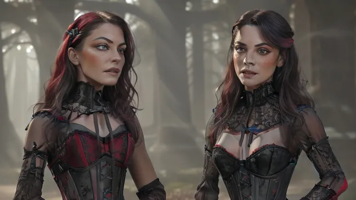 (Photo-CANON 35mm-F/1.4-ISO400), (Photography), (hi-resolution), (hyperrealistic:1.8), (HDR), (8K, (Highly detailed, 1.4), , , standing, full body:1.4), side view, (fokus on the face), ((1 vampire woman), extremely beautiful Vampire woman), (hair, (long ebony locks), (black with red undertone)), (skin-, (pale:1.6), smooth, unblemished, freckles across the nose), (face-, (chiseled, high cheekbones, lush lips, fine-boned nose, azure eyes:1.2), (body-, (little, muscular, slim), (dress-, (lacy red and black corset:1.6), black trousers, tight-high boots))), (scene, (night:1.6), moon, forest, lake, castle, fog:1.1), (mist:1.1), (lighting, (night:1.1), low light:1), blue color, (rays of light shining trough fog:1.2), strong shadows, directional light, silhouette, (highly detailed face:1.3), (realistic eyes:1.5), (Simetric eyes), (detailed eyes:1.4), (detailed nose), (detailed lips), (detailed teeth), (perfectly detailed face:1.3), light shiningon body, (lightshiningon the side of the face:1.3), (distinguish between objects)