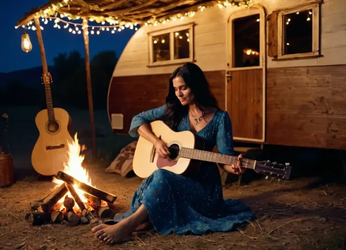 a very elegant 40 year old woman, black long hair, dressed in a gypsy dress, playing on an old damaged guitar, barefoot, in front of a campfire, at night, in front of an old caravan decorated with garlands of light bulbs, very beautiful night light, firelight, very realistic scene