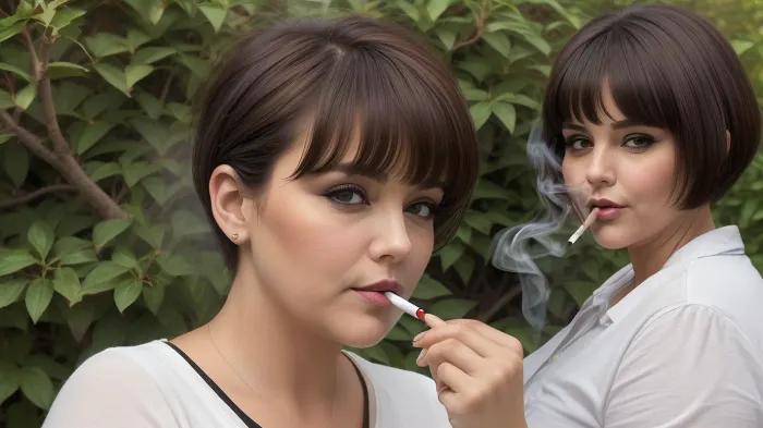 (woman face:1.2), smoking cigarette in his hands woman, (fullface:1.2), round face, simple fat woman, woman, female, milf, 25 year old female, dark brown hair, middle hair, pixie hairstyle, side swept short bangs hairstyle, pubic hair, peeing, pissing, in bushes, big saggy tits