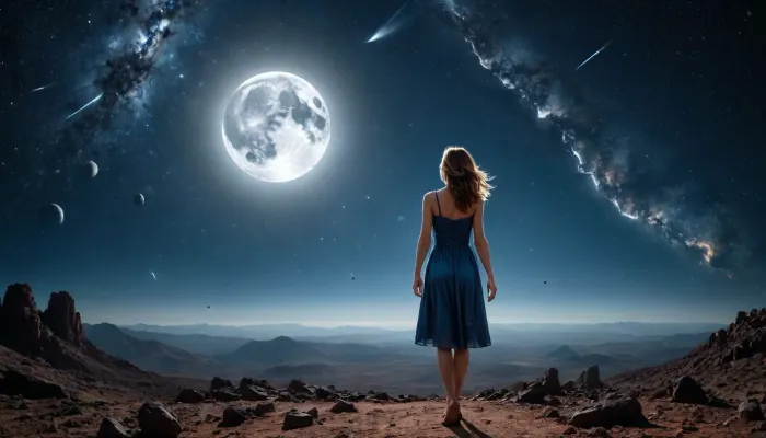 图片显示一个美丽的满月 在零重力中漂浮, 恒星从一个想象的点辐射。 陨石坠落的路径从一个虚构的点辐射出来,一个在零重力中漂浮的女人在侧面剖面中显示. 那个