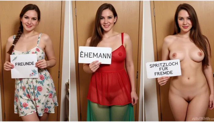 ((side-by-side three pictures of a huge busty milf italian)), slim, woman, with brown hair, french braid, standing in front of an bathroom door at a restaurant., (On the first picture on the left she wears a floral summerdress, and holds a handmade sign with text), (("FREUNDE")), . On the second picture in the middle she wears a red transparent dress, green see-thru dress, (and holds a handmade sign with text), (("EHEMANN")), ., (On the third picture on the right she is completely naked, nude, and holds a handmade sign with text), ((("SPRITZLOCH FÜR FREMDE")))