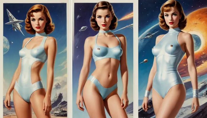 (style of old pulp scifi poster, Flat 2D Art, retrofuturism:1.2), side-by-side pictures of 18 year old sexy girls wearing futuristic sexy scifi asymmetric space uniform, (slim body, small perky tits, little natural tits, flat, chested, flat chested:1.2)