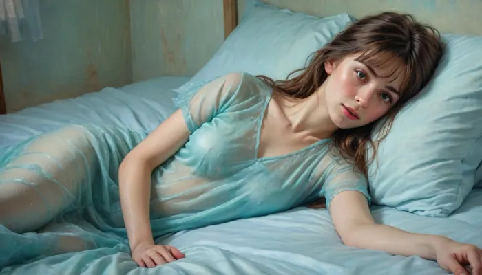 Painting, A young woman, long brunette hair with a fringe, lying languidly on a bed with light teal-blue, sheer transparent nightgown, and light blue bedsheets with speckled texture, exuding a soft, intimate, and slightly suggestive ambiance.William McTaggart Style, Oil Painted Poetry, face visible, Cinematic, dramatic, <lora:William McTaggart Style:1>