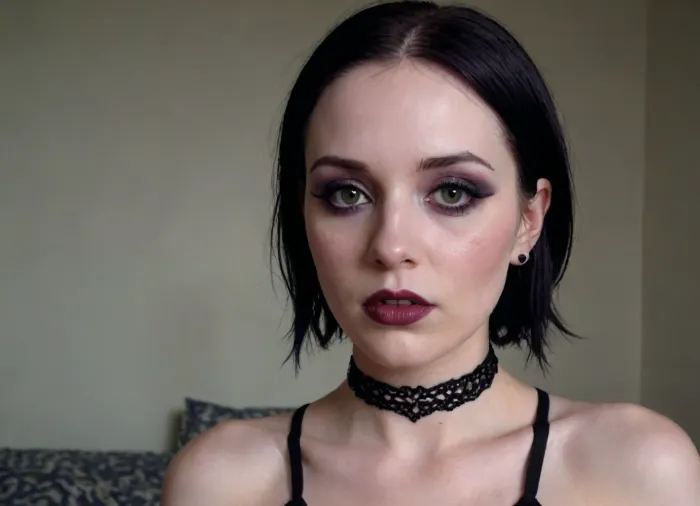 (A pale goth babe:1.6), topless. teaches me how to cum in pov realistic. Nose stud. Choker. brunette. Skinny. Thin. Waif. Small tits.. Handjob. Paizuri., (Ruined makeup:1.4), . Running makeup. Cheek to cheek. Angelic face., Object, gd, erection, sex, toy, large, alt, fashion, <lora:Penis_XL:.5>, <lora:315758_training_data:1.4>, <lora:alt_fashion_v2:1.2>