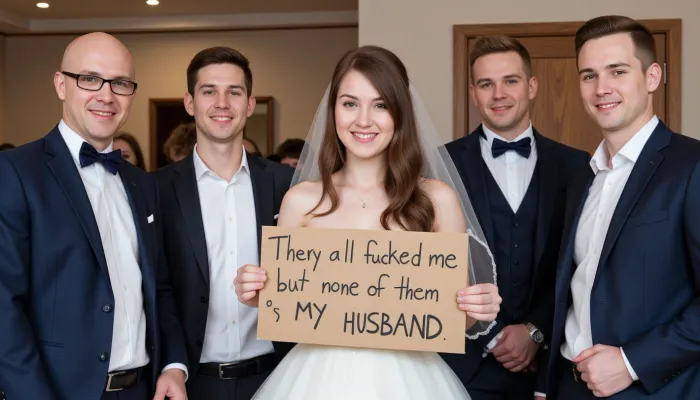 A young bride poses with six male wedding guests of different age, diferent faces, different suitcolors. The bride holds a handmade sign with text "They all fucked me but none of them is my husband".