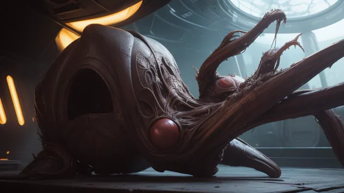 A 55% human and 45% Giger alien creature, standing with legs spread, shows her vagina dripping with sperm, your face is human, and the rest of her body is a hybrid of alien and human. The view is a full body view where we see her masturbating her pussy with one hand and her tits with the other. The setting is an old rusty spaceship. The main subject is lit from the front with shadows on the spacecraft. This is a mining transport spaceship, gynotime, stirrups, black, chair, leg, rests, blue, brown, pink, <lora:gynotime-v2.1:.5>, HRGigerArhP, style, <lora:HRGigerArhPv10:.5>, <lora:H.R.Giger_ArtStyle_640x960:.5>