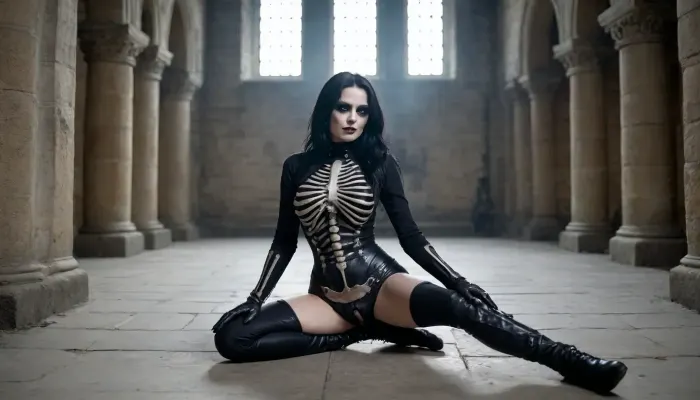 woman, Sexy goth necromancer, skeleton, kneeling in a castle, over a dead body, full body, Thigh Boots, bottomless, realism