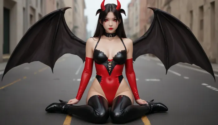 asian woman, Full size succubus photo, very big black wings, detailed face, seductive pose, demonic features, very long dark hair, horns, wings, glowing red eyes, fantasy themed sexy outfit, leather and lace, deep neckline, spectacular makeup, super narrow waist, super long legs, full view, silicon lips, slim, beautiful ass, night setting, standing on road, demonic Rottweiler sitting next to her, ominous atmosphere, high contrast, high detail, hyper detailed photorealistic maximum detail, 32k, Color Grading, ultra HD, extremely meticulous detail, skin pore detail, hyper sharpness, perfect without deformation, <lora:womb_tattoo_v6_SDXL:.5>, <lora:zavy-cntrst-sdxl:.5>