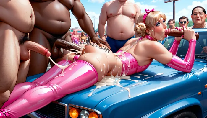 Sissy gay man, in dungeon jail, deepthroat, hands handcuffed behind back, spit, enormous veiny cock, huge hairy balls, shocked, side view, horizontal motion lines, hyper cum, aggressive, (excessive cum:1.3), beard, close up, gorgeous, bimbo, body writing, resting pose, mouth open, (pink latex stripper outfit:1.3), pink shiny sheer stockings, white platform heels, (Sissy gay man laying on stomach inside truck:1.3), Sissy gay man restrained, (fat burly ugly hideous black African man with double chin:1.3), multiple black old men, men with cocks leaking man orgasm face, (gangbang:1.3), rough sex, anal sex, cum in ass, overpowered position, cum on leg, (back of truck:1.3), fat crowd lined up, wide angle, full body, truck stop parking lot, outdoor, sunset, many people around, crowd peoples