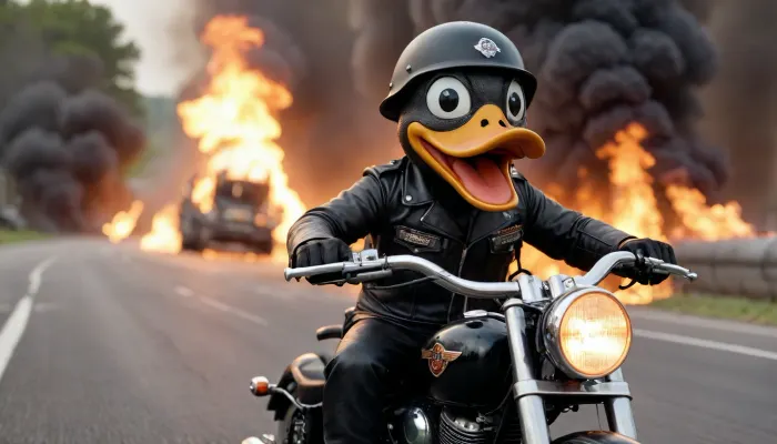 a crazy black cartoon duck, very angry smile, with a ww2 german helmet is riding an Harley-Davidson at 200 mph fire below!!! punk hardcore heavy metal inspiration