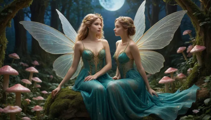 A whimsical and enchanting scene of a fairy tale fairy, who has stumbled upon a hidden garden of wonders. She is a delicate creature with iridescent wings that shimmer in the soft moonlight, casting a kaleidoscope of colors across the lush, emerald foliage. Her attire is an intricate blend of nature's finest elements, a gossamer dress woven from spider silk and adorned with a myriad of tiny, luminescent flowers that seem to pulse with life. Her hair is a cascade of gold-tipped locks that flow down her back, intertwined with vines and leaves as if the very essence of the forest has come to crown her. She stands atop a velvety mushroom, one hand tenderly cradling a glowing orb of fairy dust, while the other reaches out to a curious, nocturnal creature that has emerged from the underbrush—a rabbit with fur as blue as the midnight sky and eyes that twinkle with stars. The garden is a riot of fantastical flora, with blooms of impossible sizes and hues, and trees that stretch high into the heavens, their branches laden with glittering fruit. In the background, a majestic castle made of crystal and gold looms, its turrets piercing the velvet sky. The moon, a glowing sphere of opalescence, hangs low, casting a soft, ethereal glow over the entire tableau. The air is alive with a symphony of fireflies and glittering spells, their lights dancing in harmony with the gentle whispers of the night breeze. Every detail, from the dew-kissed petals to the intricate patterns on the fairy's wings, is rendered with a meticulous attention to detail that transports the viewer into a realm of pure imagination and magi, One breast nude