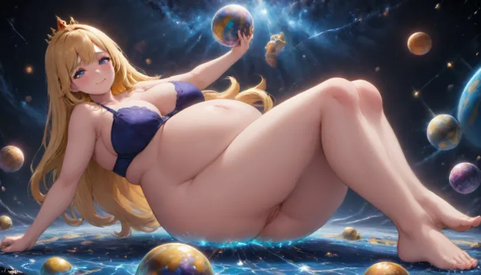 Giantess queen floating in space, (flying), (side view), lying sprawling, stretching her body, looking back, pussy, outer space, night, miniature earth, many planets, stars, no makeup, bra, low angle, Czech, plus size, smug, coy, tired, blonde hair with multicolour hair, extremely long hair, bangs, thick legs, large labia, pregnant, voluptuous, overweight, love handles, complexion, pale skin, long legs, licking, tongue drooling, expecting, appreciative, (pleased), amused, seductive look, close, 29 years old, extra breasts, sitting down, awe inspiring