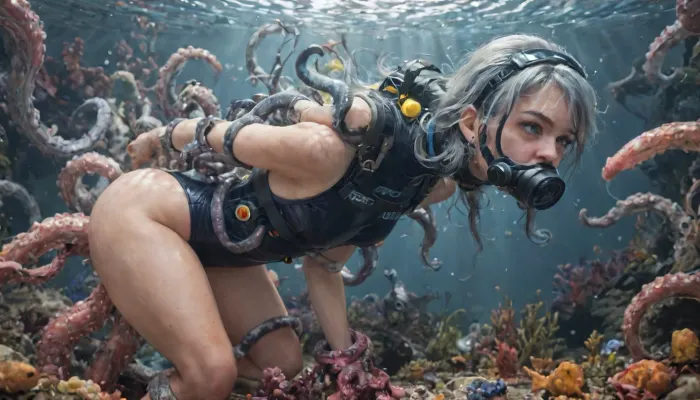 High-definition, 20 meters underwater, (1man, half-octopus man with very many tentacle arms but the torso of a man and a huge cock:1.3), (floating above the seafloor in zero gravity), (1woman, a helpless and beautiful female scuba diver wearing a full-face scuba mask over her eyes and a one-piece swimsuit), (dive knife has fallen from her hand and an empty sheath is strapped to her thigh:1.1), (the monster is mounting her and impregnating her with its tentacles:1.3), (multicolored tentacles), (doggy sex position), (full-face scuba mask:1.4), (air bubbles leaving her mouth:1.3), (orgasm face:1.3), (ahegao:1.3), (double penetration), (tentacles in pussy), (tentacles in ass), (tentacles wrapped around her body:1.4), (deep underwater:1.3), (lots of fish:1), (detailed face and eyes:1.3), (facing viewer:1.3), (close-up view of face:1.2)