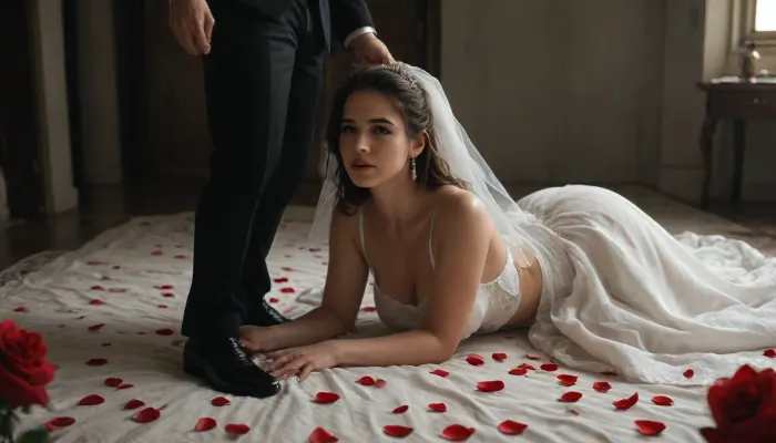 humiliated and kneeling in shame, a bride in a white wedding dress with a long veil lying on a black bed, two dominant black men in black leather outfits standing over her, a dark and erotic wedding setting with red lighting, rose petals on the ground, a sign saying "Black Property". in the background, power dynamics, racial humiliation theme, breeding fantasy theme with the bride being claimed, cinematic style, highly detailed, dramatic lighting, 8k resolution