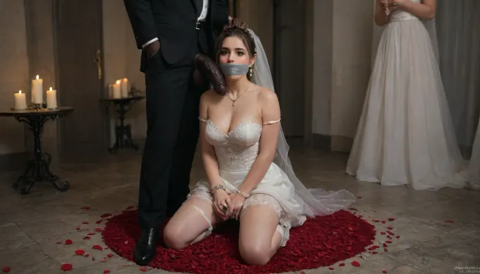 A humiliated white bride in a wedding scene, kneeling submissively before two dominant black men with giant black Penis, wearing a white slutty wedding dress with a torn veil, a black spade symbol on a necklace around her neck or a black spade tattoo on her stomach, kneeling in shame, a dark and erotic wedding setting with red lighting, rose petals on the ground, a sign saying 'Worthless White Groom' in the background, power dynamics, racial humiliation theme, real breeding fantasy theme, cinematic style, highly detailed, dramatic lighting, 8k resolution, rope, black, tape, gag, bondage, <lora:SDXLHighDetail_v6-000005:.7>, <lora:bdsm_SDXL_1_:.5>