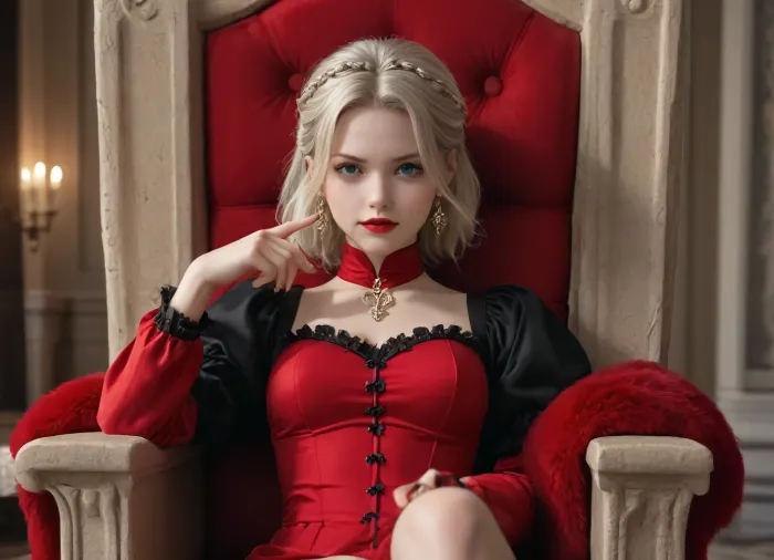 (Mistress Aethany's Throne Room), Luxurious, dimly lit chamber with crimson walls adorned with golden accents and lavish tapestries depicting scenes of dominance and submission. A grand, ornate throne sits atop a dais, surrounded by plush velvet cushions in deep purple hues. The air is thick with the scent of incense, adding to the sensual ambiance., (Mistress Aethany's Posture), Leaning back slightly in her throne, mistress cradles your face in her hands, thumbs stroking your cheekbones as she gazes down at you with an intense, possessive look. Her full, crimson lips curve into a satisfied smirk, revealing a hint of fang.