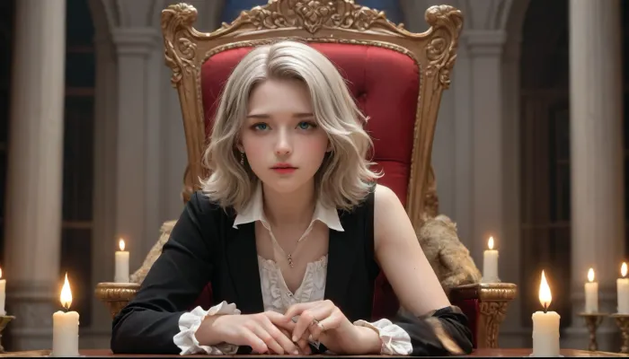 (Throne Room Lighting), Soft, warm candlelight illuminates the space, casting long, tantalizing shadows across the walls and onto your kneeling form. The flickering flames dance in the silver chalices placed strategically around the room, their gentle glow reflecting off the polished marble floors., (Mistress Aethany's Expression), Her emerald eyes burn with an inner fire, a piercing intensity that seems to see right through you, into the depths of your soul. A wicked gleam plays in their depths, hinting at the darker desires that lie beneath her regal facade., (Your Submission), Your face remains tilted upward, lost in the hypnotic pull of her gaze. Tears of joy and reverence glisten on your lashes, mingling with the sweat that beads on your brow from the heat of her touch and the fervor of your devotion.