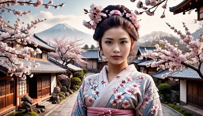 4K UHD ultra-detailed RAW photo, high detailed, 8k, photorealistic, Masterpiece, ((solo)), A beautiful young japanse woman sits under a cherry tree, DonMS4kur4XL. Cherry blossoms fall all around her, and lie thick on the geround. She wears a revealing blue silk kimono, with an ornate hairstyle and strong Geisha makeup, fflix-geisha. In the distant background behind the woman is a traditional Japanese village and mist covered mountains.
Her head is trunred 35 degrees to the side as she looks at viewer with a shy smile., (shy smile), traditional, Japanese, v1ll4g3, fflix-geisha, <lora:traditional_Japanese_v1ll4g3:.5>, <lora:Fflix-Geisha:1>, <lora:DonMS4kur4XL-000006:.8>