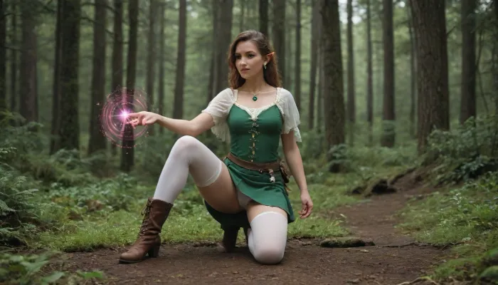 young elf girl wearing fey costume, short skirt, tight thighs, white stockings, boots, shooting a bow, one knee bent, magic forest around