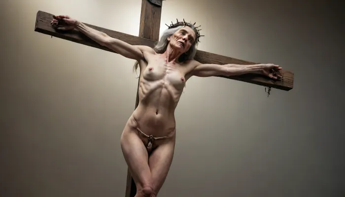 uber realistic image, fullcolor image, full body view, 8K quality, ultra detailed, masterpiece, a naked old woman crucified on an x-shaped cross