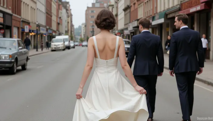 A realistic and detailed vintage-style photo of a young woman, around 18 years old, walking down a city street. The photo is taken from behind her. She is wearing a white dress, which is lifted by the wind, natural effect. Two men in classic three-piece suits are walking towards the camera and glance back over their shoulders to admire the woman, while maintaining respectful distance. The street is filled with vintage-style elements, like old-fashioned buildings, classic cars, and 1940s fashion. The scene exudes an elegant, timeless atmosphere, with soft, natural lighting., (((upskirt)))