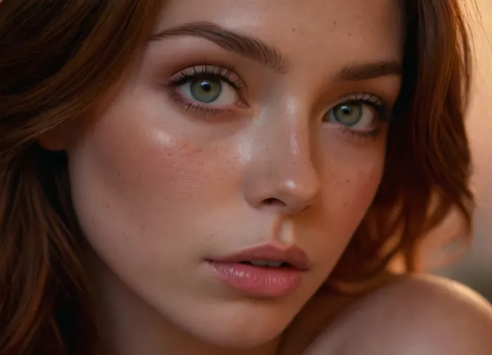 Highly detailed, extreme close-up photograph of a young woman with light skin and subtle freckles, focused on her captivating eyes., (vibrant auburn hair with dark roots, textured layers, coppery highlights), Her pale eyes are glistening, and her full lips are slightly parted, showcasing a natural, soft pink hue. The background is blurred, but colorful, iridescent light reflections add a dreamy, ethereal quality to the image. The overall mood is intimate and sensual, with a focus on the natural beauty and texture of the subject's skin and hair. The lighting is soft and warm, enhancing the serene atmosphere., igbaddie, ziprealism, <lora:igbaddie-XL:.4>
