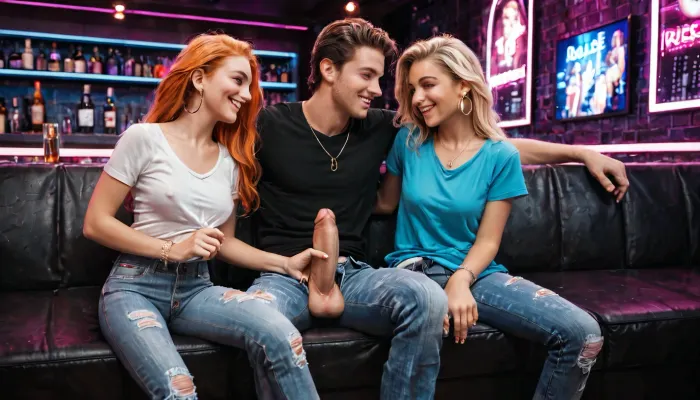 Two young women are sitting in a nightclub wearing jeans and thin, almost transparent blouses. They have long blond hair and a normal chest. In front of them is a man with his pants down and a very large penis. They are admiring his large penis, happy, it will be their first time.