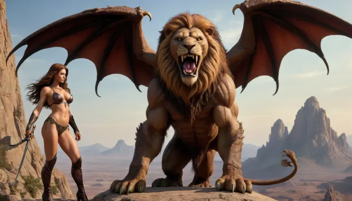 fullcolor image, full body view, 8K quality, ultra detailed, masterpiece, in style of by Boris Vallejo, A highly detailed full body painting, ((The huntress and the manticore)), the woman muscular athletic figure, very large massive heavy breasts, very long legs, very long hair, standing bent over, manticore fucks woman in the ass, (manticore, a gigantic lion with a scorpion's sting and membranous wings), detailed high definition background