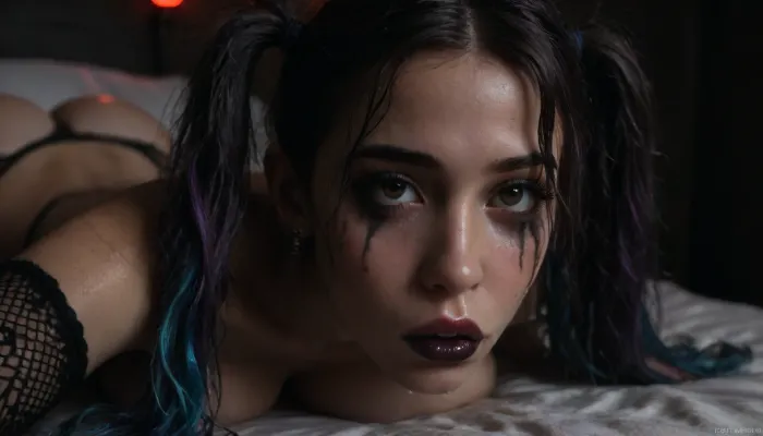 Score_9, score_8_up, score_7_up, (close-up of her face:1.5), (solo), (1girl), (long hair), (multicolored hair, (dark purple hair), (bright blue hair)), (twintails:1.4), (wavy hair), (messy hair), (wet hair:1.4), submissive, (incredibly busty bimbo:1.1), (engorged breasts), (gigantic tits), (saggy heavy boobs), (pointy breasts), (retrousse tits), (nipple piercings), (bimbo slut makeup), (mascara running down her face:1.3), (incredibly long lashes), (bimbo lips), (black lipstick), (super snatched waist), (pencil waist), (huge bbl ass:1.2), (ribs visible), (oiled glossy skin), (sweaty skin), (shaved pussy), (white skin:1.1), (pale skin:1.4), (gothic:1.1), (goth:1.1), (tan lines:.8), (brown eyes), (perfect mouth), (perfect lips), (topless), (bottomless), (no clothing except a black garter belt and black fishnet thigh-high leggings and black platform stilettos and black fishnet arm sleeves), perfecteyes, (she's laying on a bed, on her side, head on a pillow), exhausted, tired, hair and makeup was elegant and beautiful but is now messy and disheveled after hours or rough sex, (ruined makeup:1.4), (smudged lipstick smeared across face), (cum running out of her nose and mouth onto the bed:1.2), (excessive amounts of cum:1), (vacant expression:1.4), (fucked stupid, brainless), (black walls), (gothic bedroom), (blue and purple neon lighting:1.1), (bright neon lighting:1.2), HighRes Fix, ADetailer, Inpainting, Upscale, Photoshop, <lora:PerfectEyesXL:.8>, <lora:dark:.5>, <lora:315758_training_data:.8>
